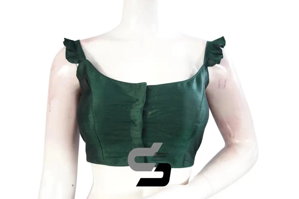 Emerald Elegance, Green Plain Silk Spaghetti Frill Sleeves Readymade Saree Blouse - D3blouses