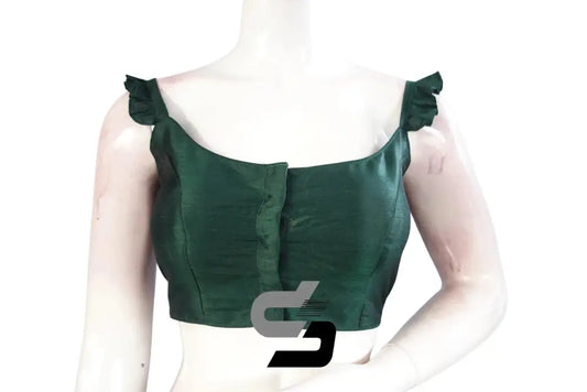 Emerald Elegance, Green Plain Silk Spaghetti Frill Sleeves Readymade Saree Blouse - D3blouses