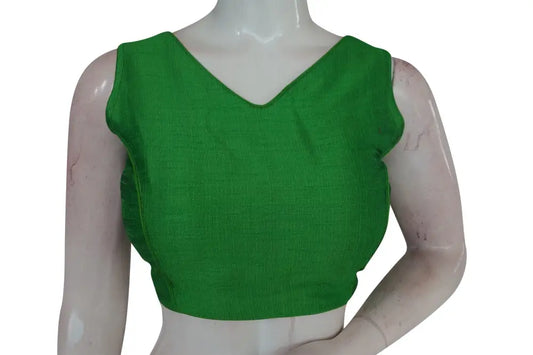 Emerald Elegance, Green Plain V Neck Readymade Blouse by D3 Blouses - D3blouses