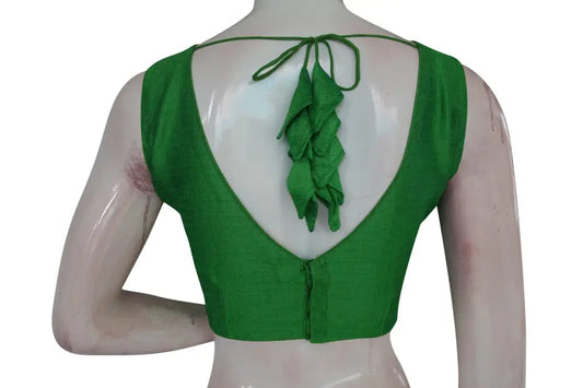 Emerald Elegance, Green Plain V Neck Readymade Blouse by D3 Blouses - D3blouses