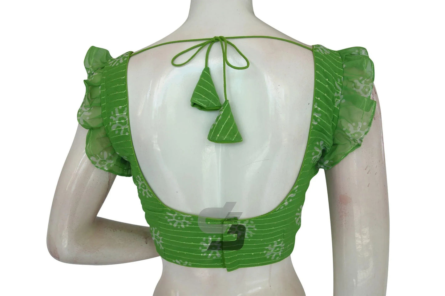 Emerald Enchantment, Green Georgette Sequin Designer Frill Sleeves Blouse - D3blouses