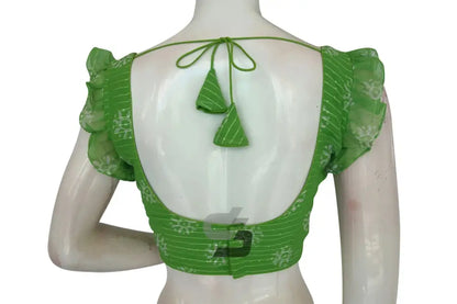 Emerald Enchantment, Green Georgette Sequin Designer Frill Sleeves Blouse - D3blouses