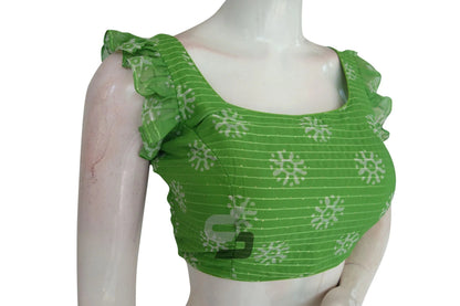 Emerald Enchantment, Green Georgette Sequin Designer Frill Sleeves Blouse - D3blouses