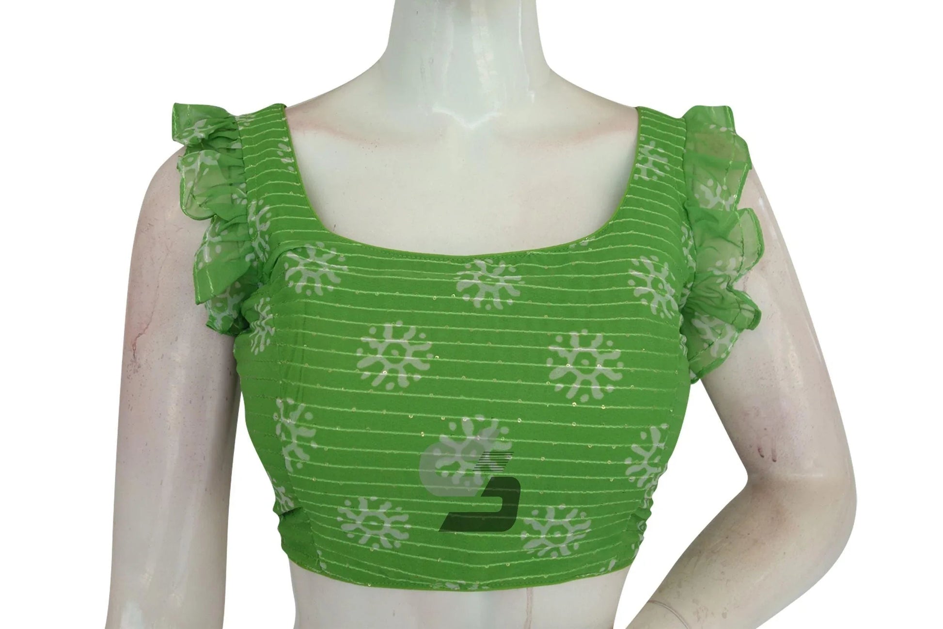 Emerald Enchantment, Green Georgette Sequin Designer Frill Sleeves Blouse - D3blouses