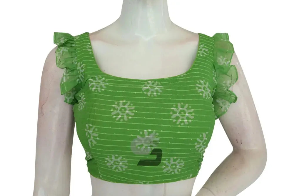 Emerald Enchantment, Green Georgette Sequin Designer Frill Sleeves Blouse - D3blouses