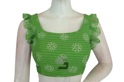 Emerald Enchantment, Green Georgette Sequin Designer Frill Sleeves Blouse - D3blouses