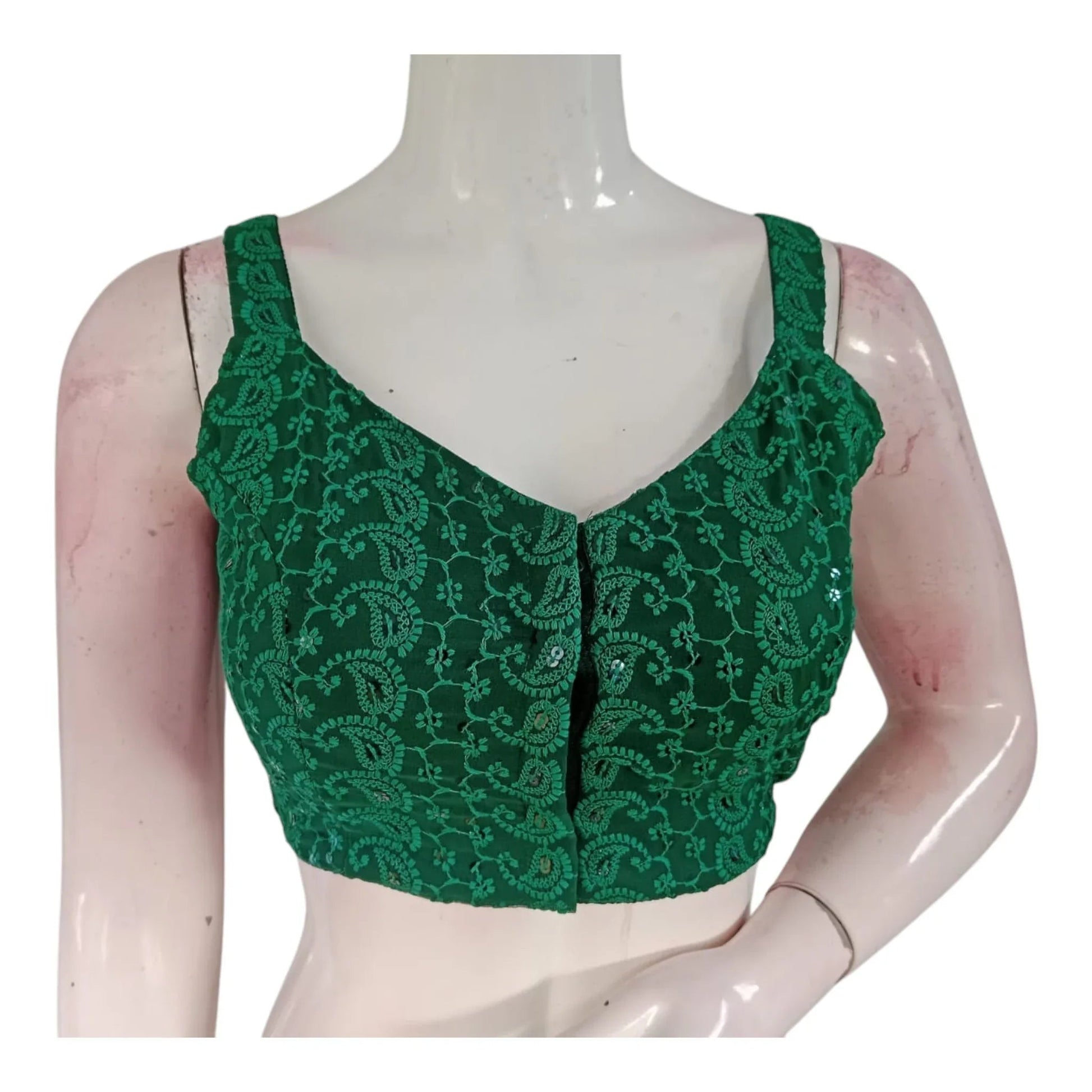 Emerald Green Chikankari Spaghetti Strap Designer Sleeveless Saree Blouse - D3blouses