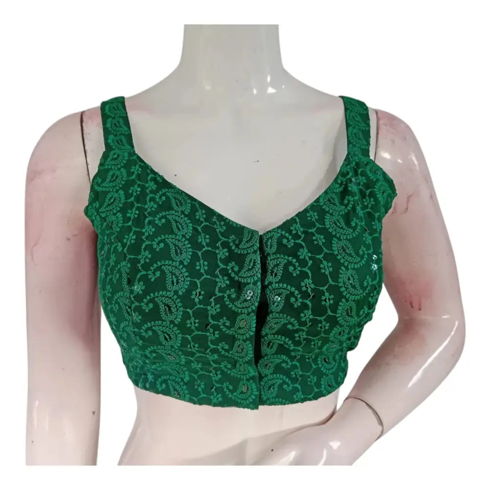 Emerald Green Chikankari Spaghetti Strap Designer Sleeveless Saree Blouse - D3blouses