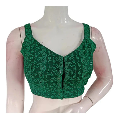 Emerald Green Chikankari Spaghetti Strap Designer Sleeveless Saree Blouse - D3blouses