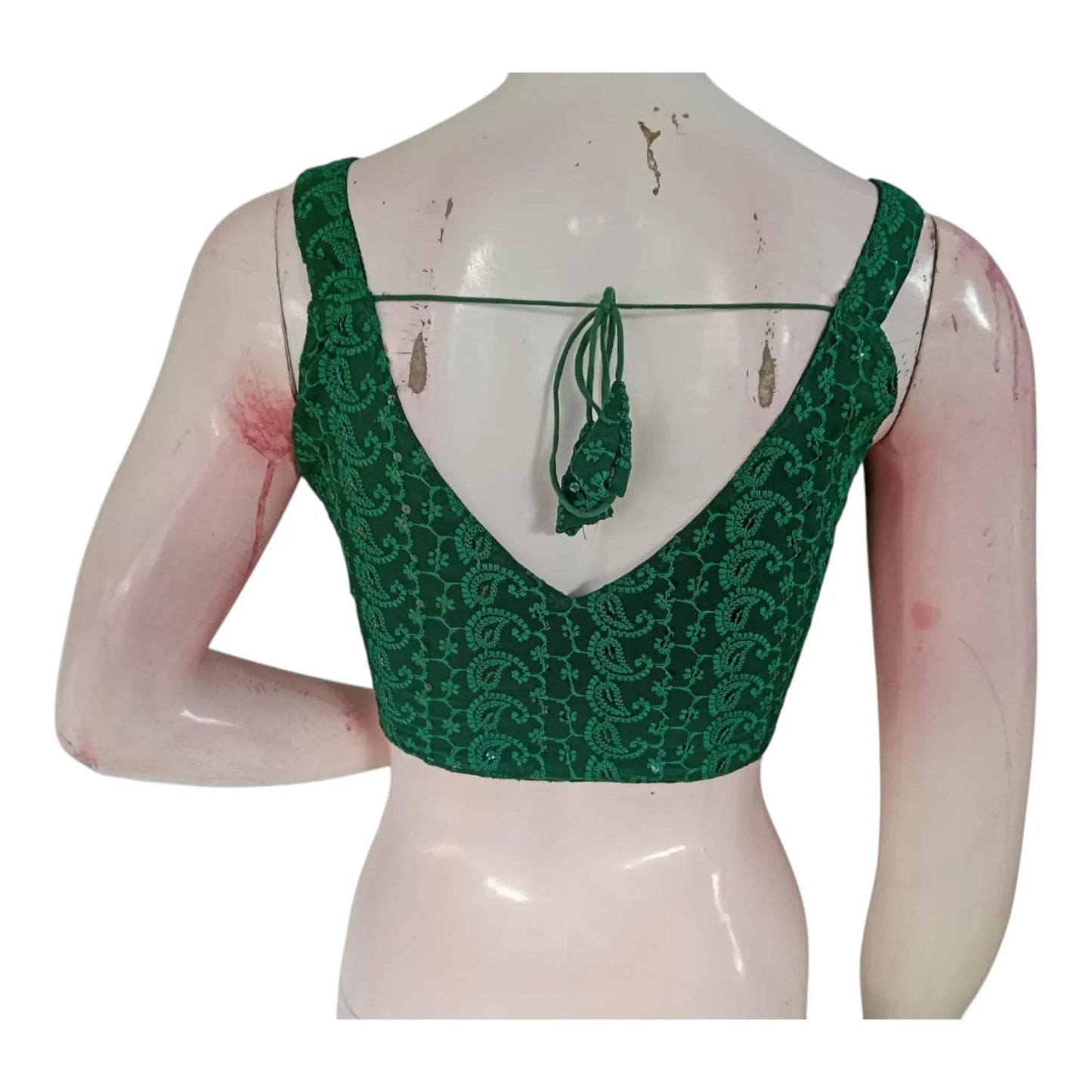 Emerald Green Chikankari Spaghetti Strap Designer Sleeveless Saree Blouse - D3blouses