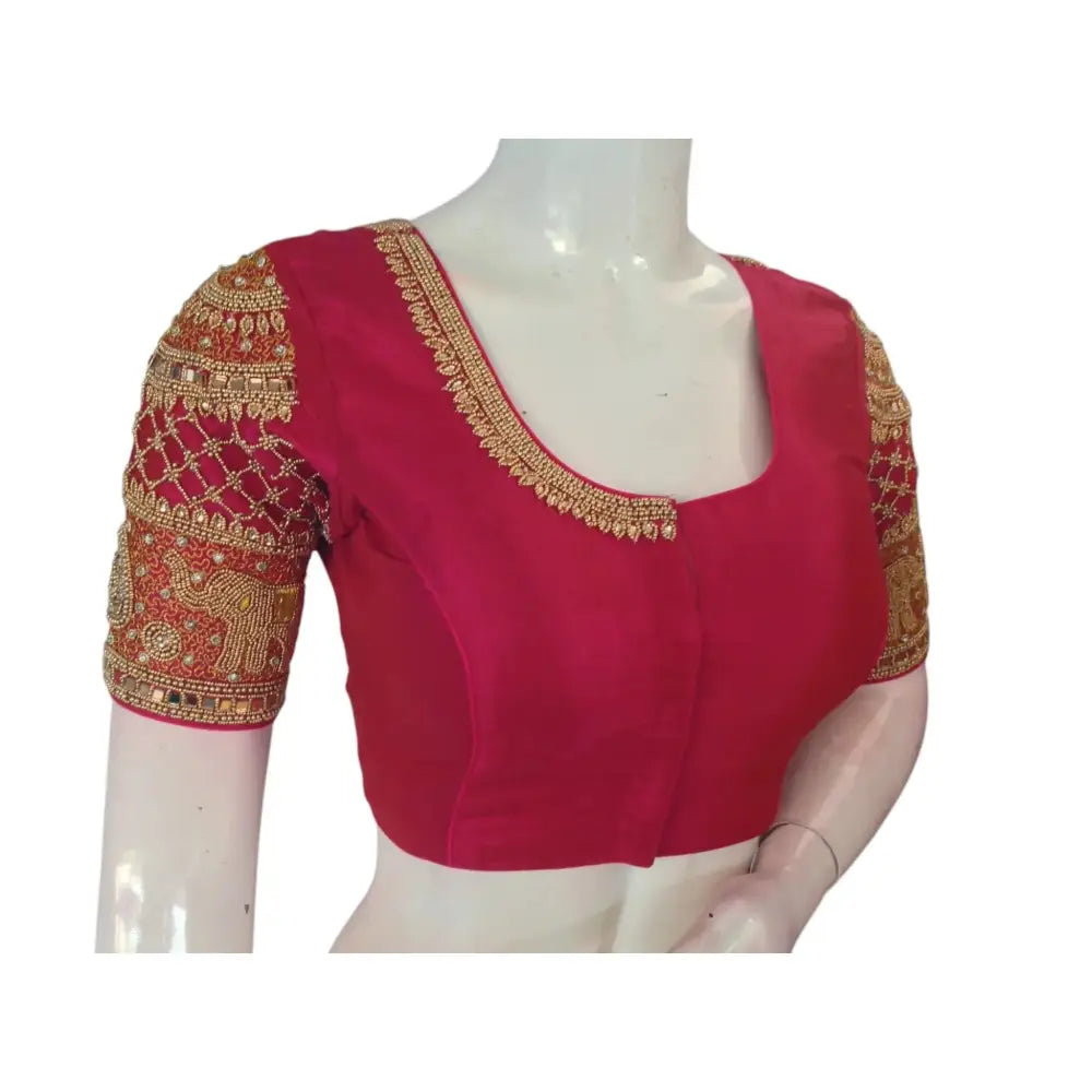 Enchanting Dark Pink: Aari Handwork on Tissue Silk Wedding Saree Blouse - D3blouses