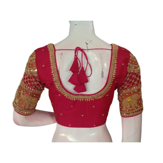 Enchanting Dark Pink: Aari Handwork on Tissue Silk Wedding Saree Blouse - D3blouses