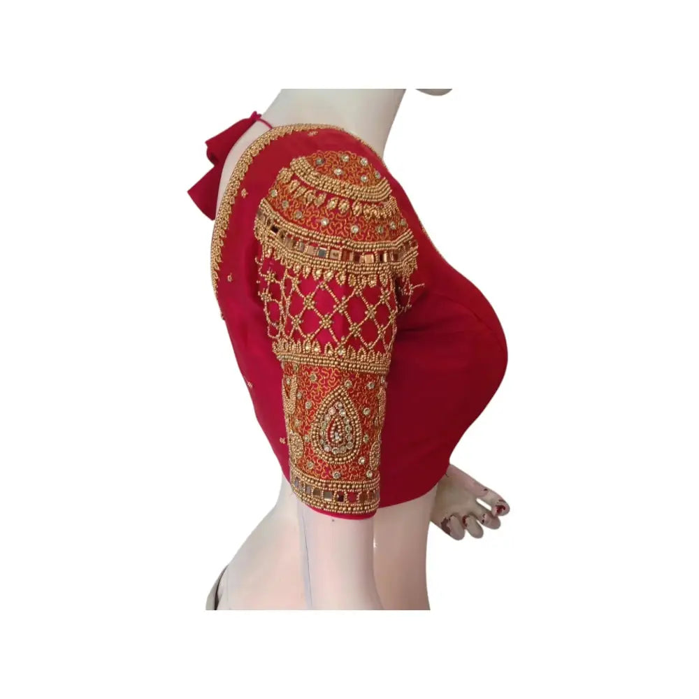 Enchanting Dark Pink: Aari Handwork on Tissue Silk Wedding Saree Blouse - D3blouses