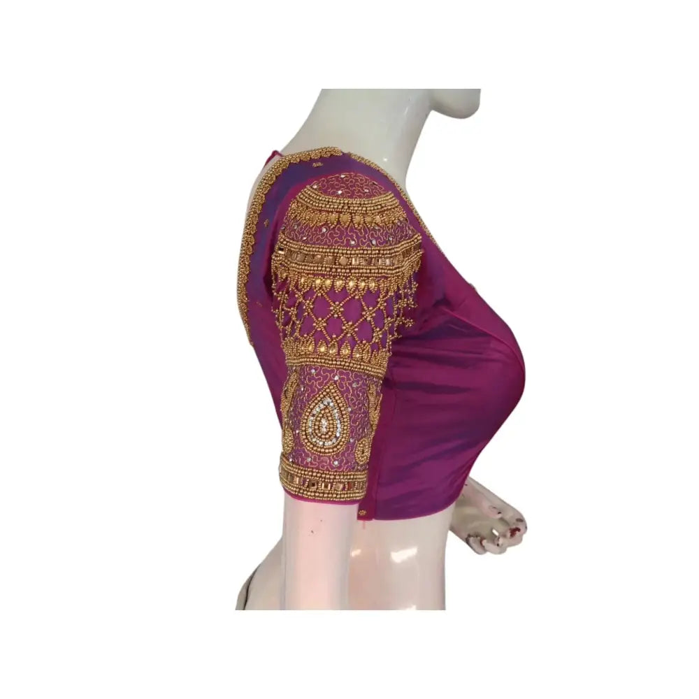 Enchanting purplish-pink : Aari Handwork Wedding Silk Saree Blouse - D3blouses