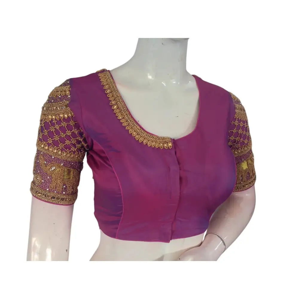 Enchanting purplish-pink : Aari Handwork Wedding Silk Saree Blouse - D3blouses