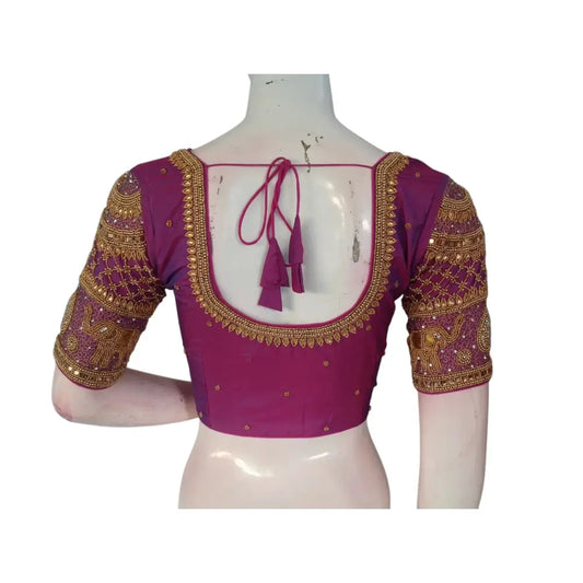 Enchanting purplish-pink : Aari Handwork Wedding Silk Saree Blouse - D3blouses