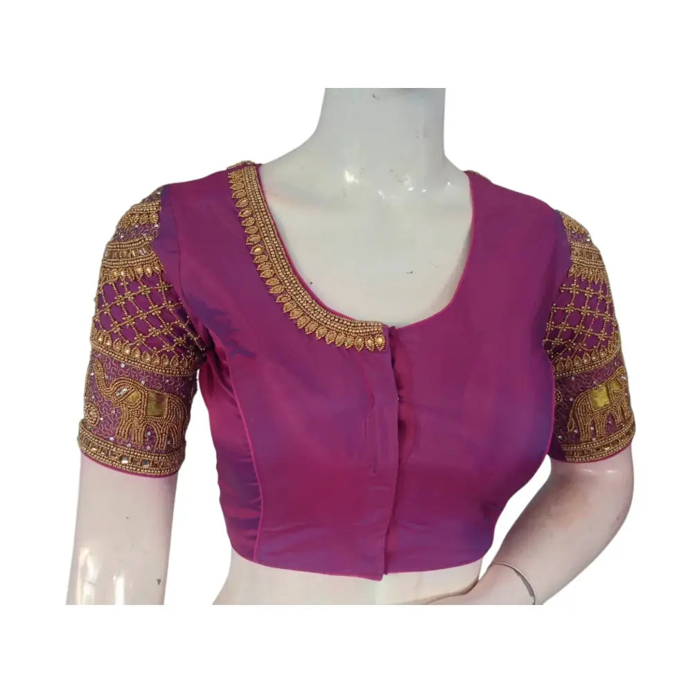 Enchanting purplish-pink : Aari Handwork Wedding Silk Saree Blouse - D3blouses