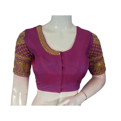 Enchanting purplish-pink : Aari Handwork Wedding Silk Saree Blouse - D3blouses