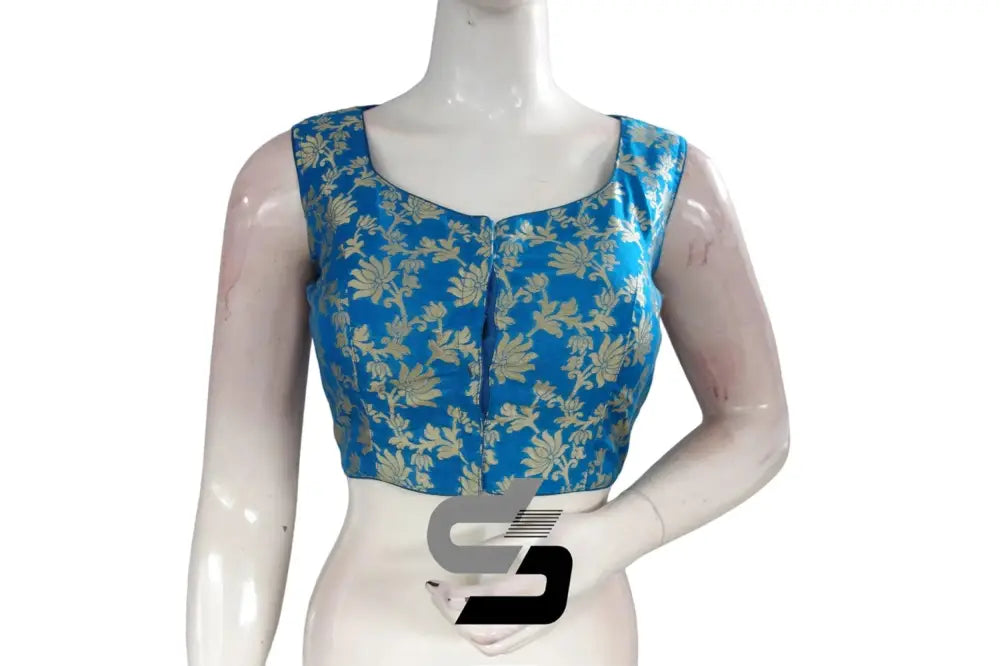 Exquisite Blue High Neck Banaras Silk Readymade Saree Blouses - D3blouses
