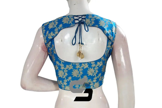 Exquisite Blue High Neck Banaras Silk Readymade Saree Blouses - D3blouses