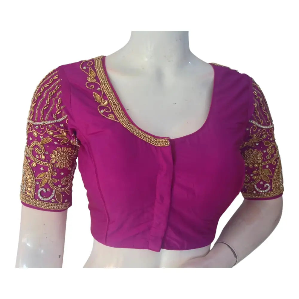 Exquisite Purple Color Aari Handwork Wedding Silk Saree Blouse - D3blouses