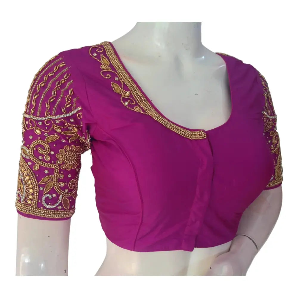 Exquisite Purple Color Aari Handwork Wedding Silk Saree Blouse - D3blouses