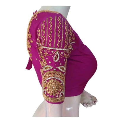 Exquisite Purple Color Aari Handwork Wedding Silk Saree Blouse - D3blouses