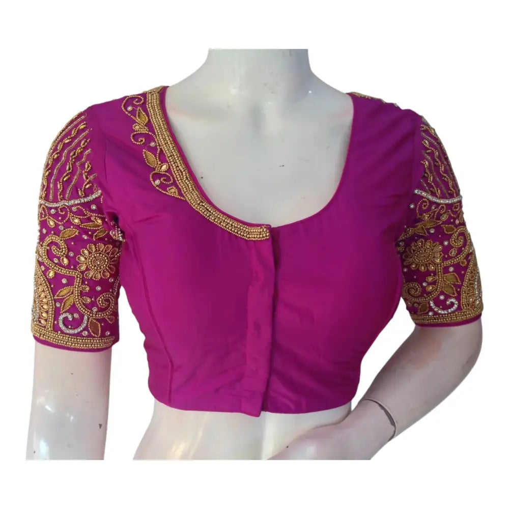 Exquisite Purple Color Aari Handwork Wedding Silk Saree Blouse - D3blouses