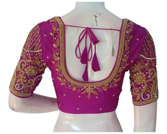 Exquisite Purple Color Aari Handwork Wedding Silk Saree Blouse - D3blouses