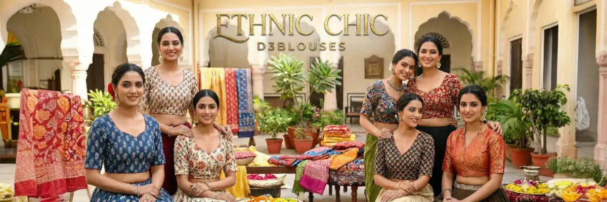The image features a group of women in traditional indian attire, standing and sitting around colorful textiles displayed on tables inside an ornate courtyard setting.