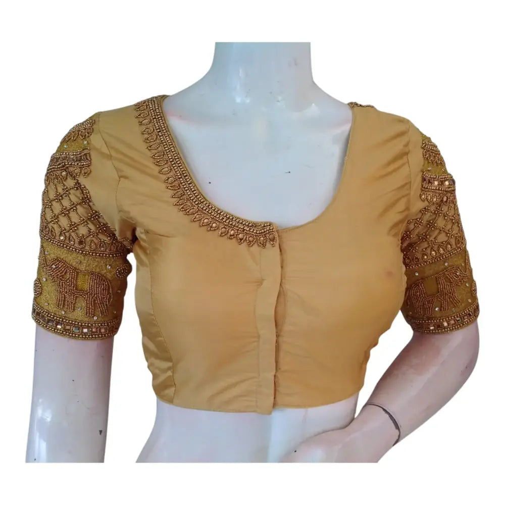 Finest Gold Aari Handwork Wedding Silk Blouse with Majestic Elephant Motif - D3blouses