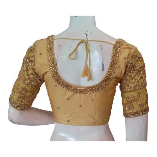 Finest Gold Aari Handwork Wedding Silk Blouse with Majestic Elephant Motif - D3blouses