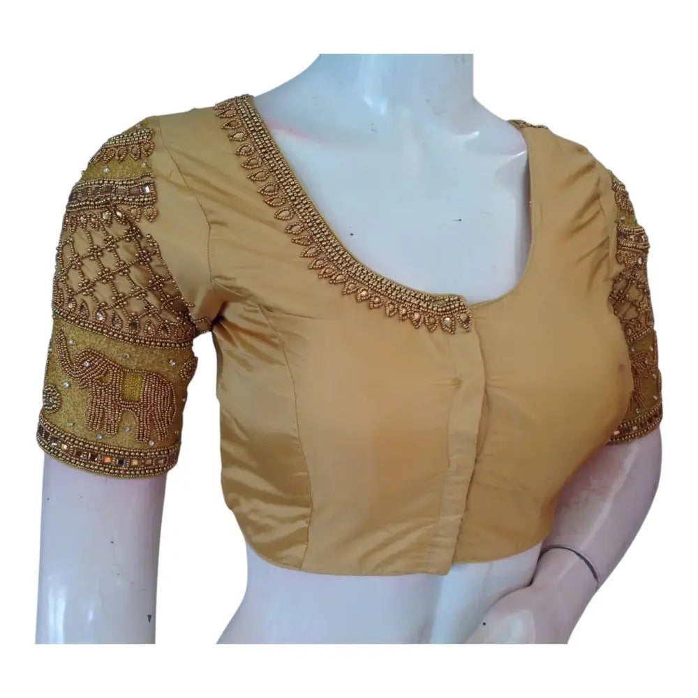 Finest Gold Aari Handwork Wedding Silk Blouse with Majestic Elephant Motif - D3blouses