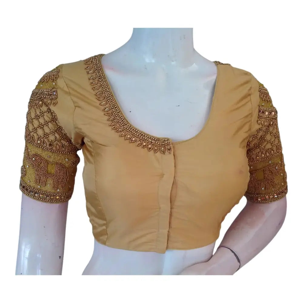 Finest Gold Aari Handwork Wedding Silk Blouse with Majestic Elephant Motif - D3blouses