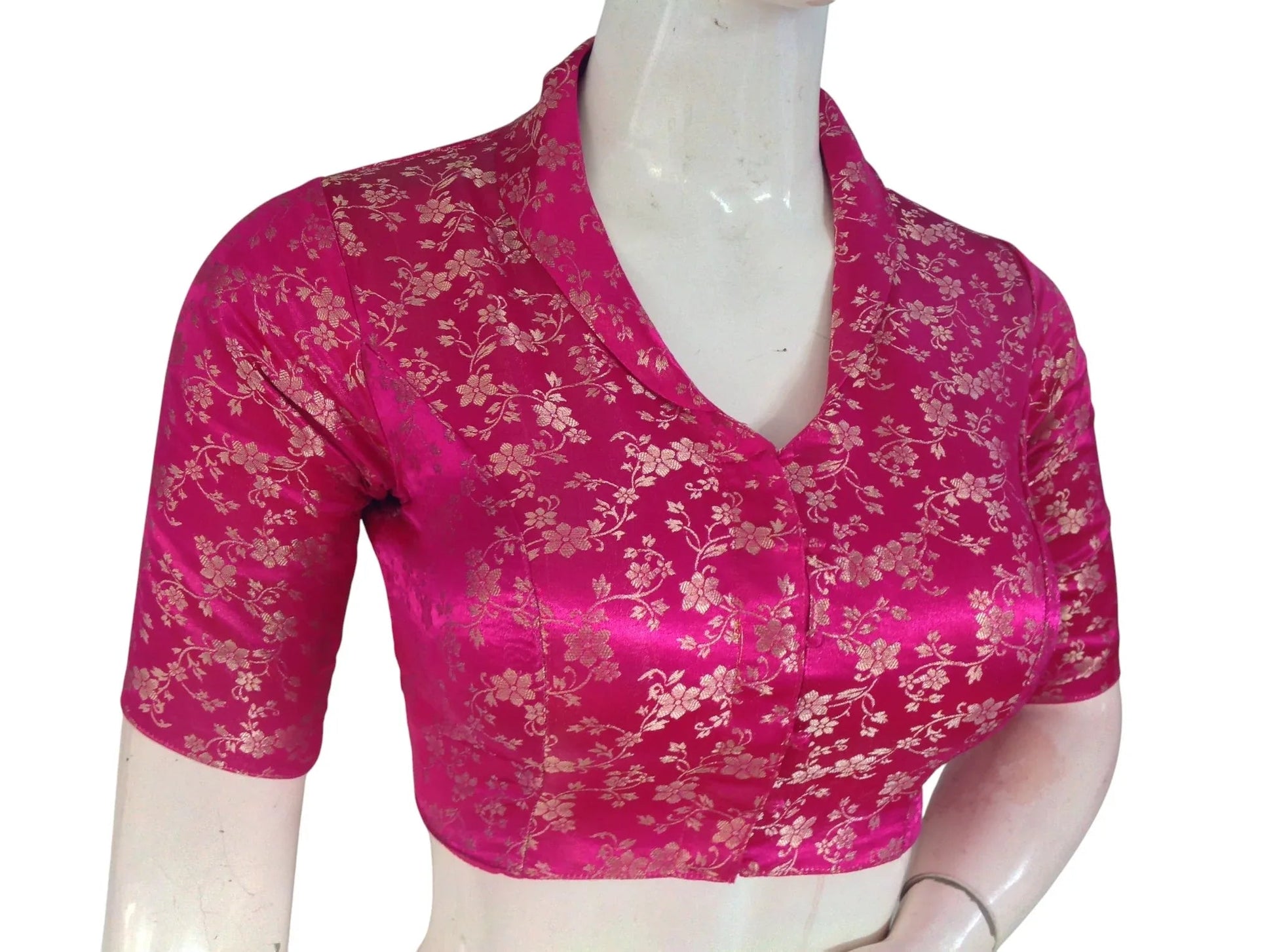 Floral Brocade Silk Saree Blouse with Mandarin Collar Neck| Readymade Designer Blouse (Multiple Colors Available) - D3blouses