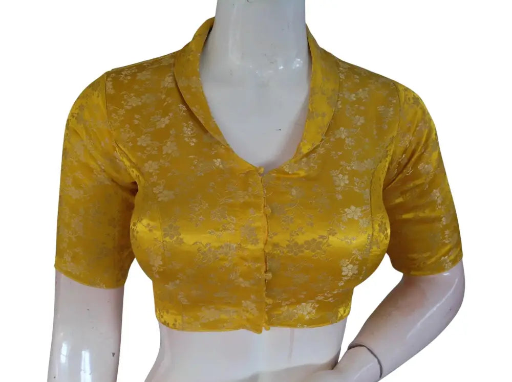 Floral Brocade Silk Saree Blouse with Mandarin Collar Neck| Readymade Designer Blouse (Multiple Colors Available) - D3blouses