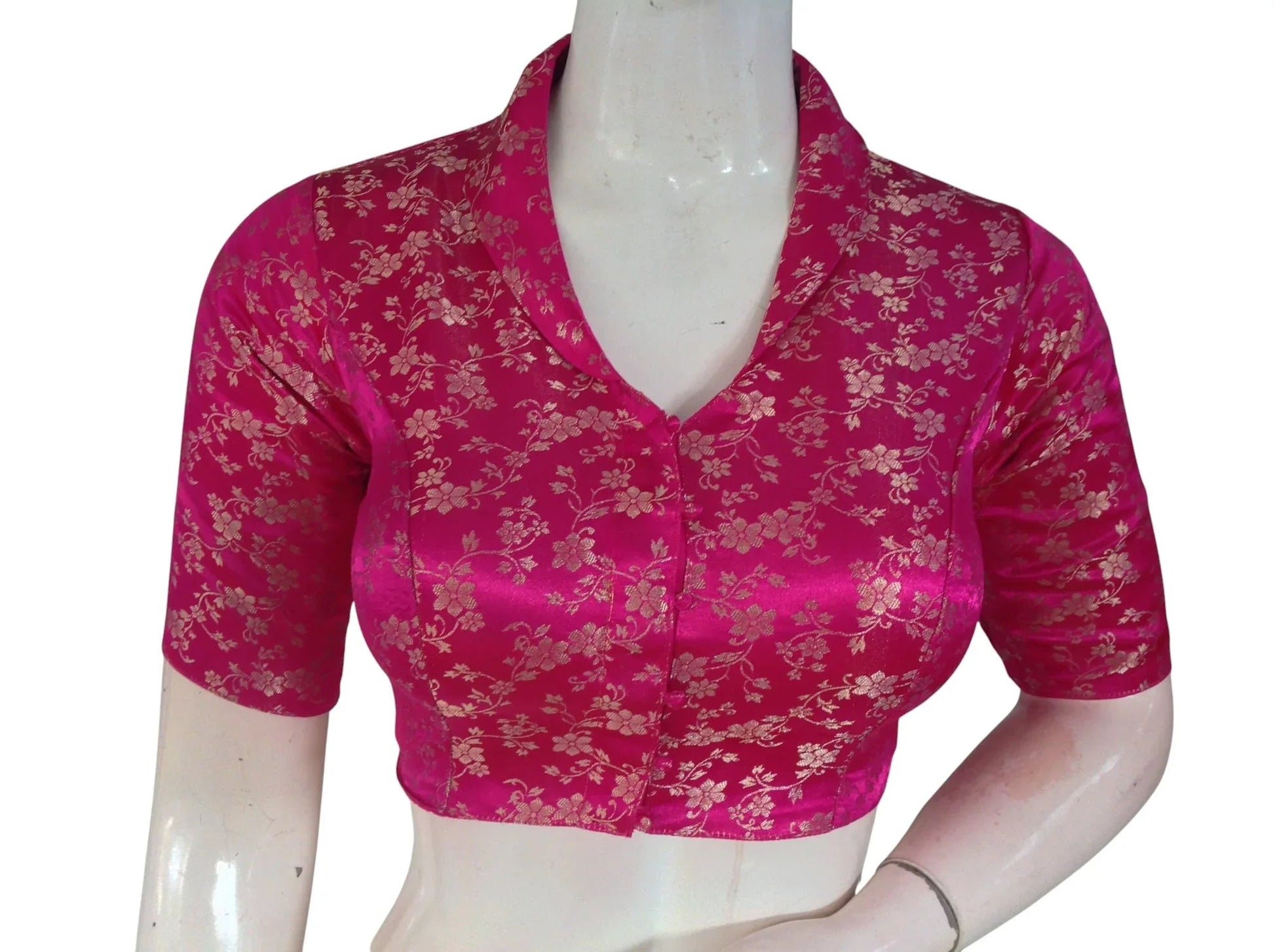 Floral Brocade Silk Saree Blouse with Mandarin Collar Neck| Readymade Designer Blouse (Multiple Colors Available) - D3blouses