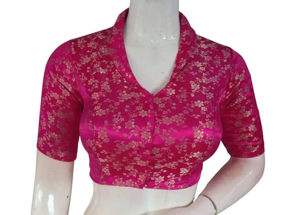 Floral Brocade Silk Saree Blouse with Mandarin Collar Neck| Readymade Designer Blouse (Multiple Colors Available) - D3blouses