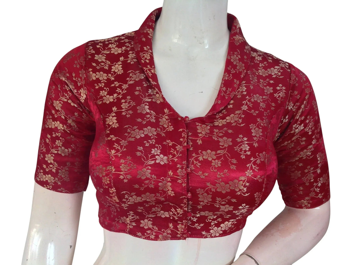 Floral Brocade Silk Saree Blouse with Mandarin Collar Neck| Readymade Designer Blouse (Multiple Colors Available) - D3blouses