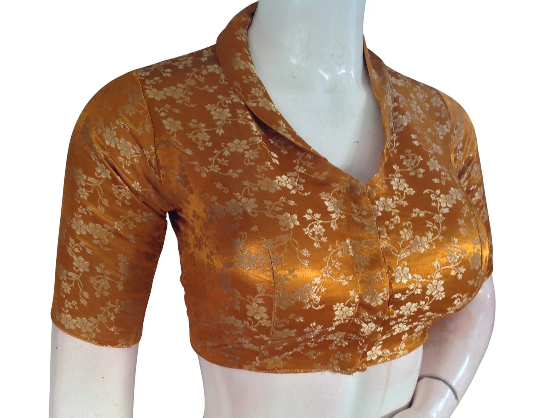 Floral Brocade Silk Saree Blouse with Mandarin Collar Neck| Readymade Designer Blouse (Multiple Colors Available) - D3blouses