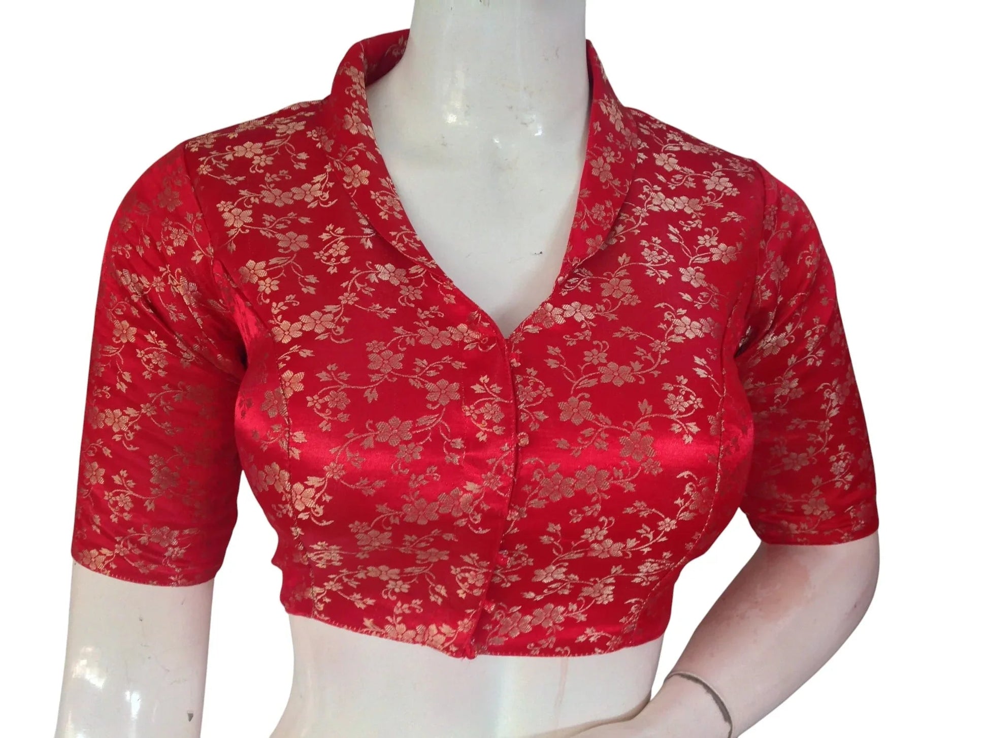Floral Brocade Silk Saree Blouse with Mandarin Collar Neck| Readymade Designer Blouse (Multiple Colors Available) - D3blouses