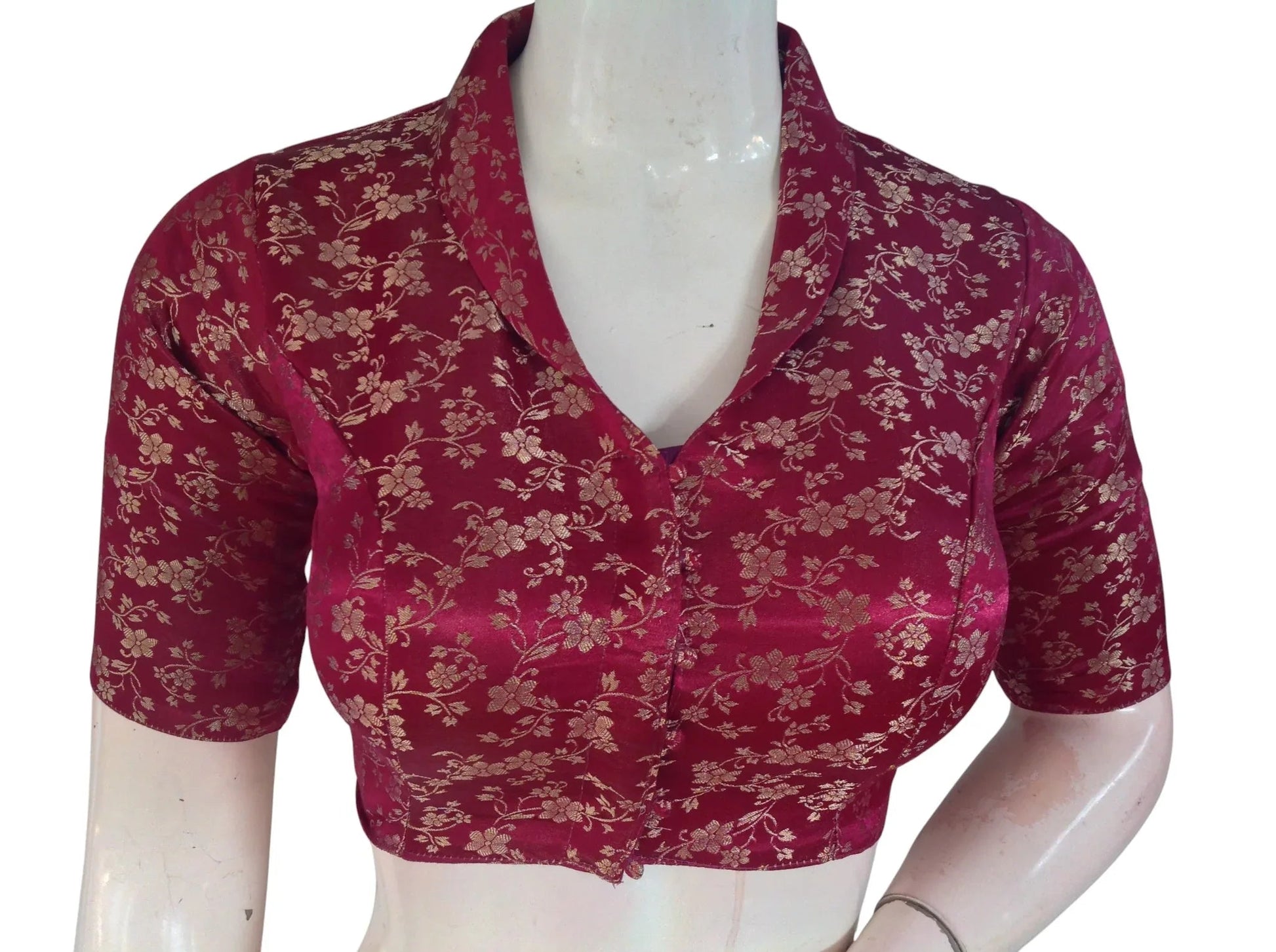 Floral Brocade Silk Saree Blouse with Mandarin Collar Neck| Readymade Designer Blouse (Multiple Colors Available) - D3blouses