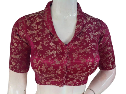 Floral Brocade Silk Saree Blouse with Mandarin Collar Neck| Readymade Designer Blouse (Multiple Colors Available) - D3blouses