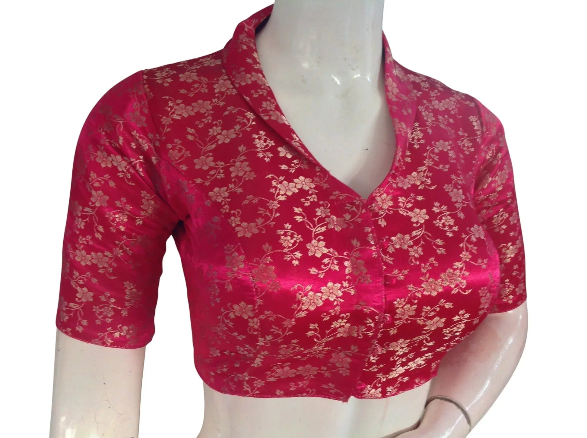 Floral Brocade Silk Saree Blouse with Mandarin Collar Neck| Readymade Designer Blouse (Multiple Colors Available) - D3blouses