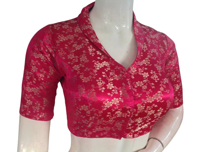 Floral Brocade Silk Saree Blouse with Mandarin Collar Neck| Readymade Designer Blouse (Multiple Colors Available) - D3blouses