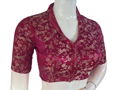 Floral Brocade Silk Saree Blouse with Mandarin Collar Neck| Readymade Designer Blouse (Multiple Colors Available) - D3blouses