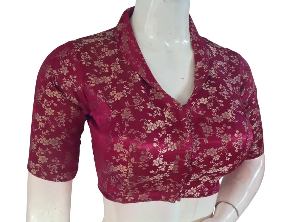 Floral Brocade Silk Saree Blouse with Mandarin Collar Neck| Readymade Designer Blouse (Multiple Colors Available) - D3blouses