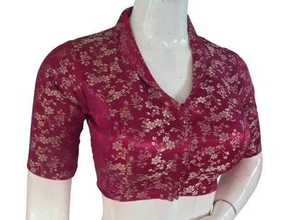 Floral Brocade Silk Saree Blouse with Mandarin Collar Neck| Readymade Designer Blouse (Multiple Colors Available) - D3blouses