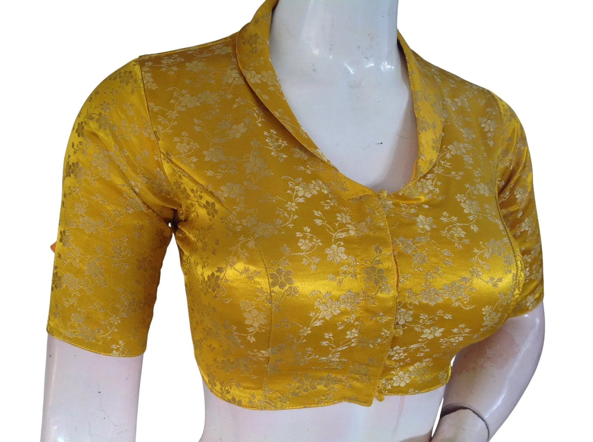 Floral Brocade Silk Saree Blouse with Mandarin Collar Neck| Readymade Designer Blouse (Multiple Colors Available) - D3blouses