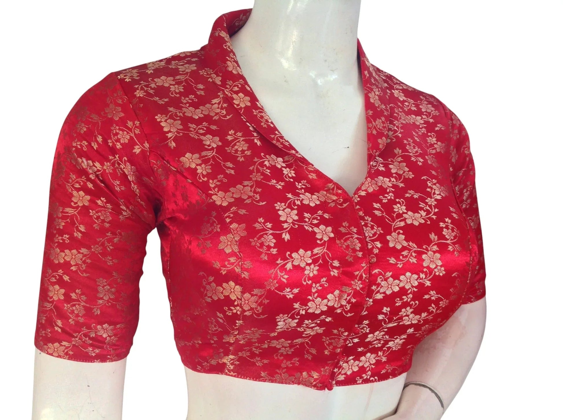 Floral Brocade Silk Saree Blouse with Mandarin Collar Neck| Readymade Designer Blouse (Multiple Colors Available) - D3blouses